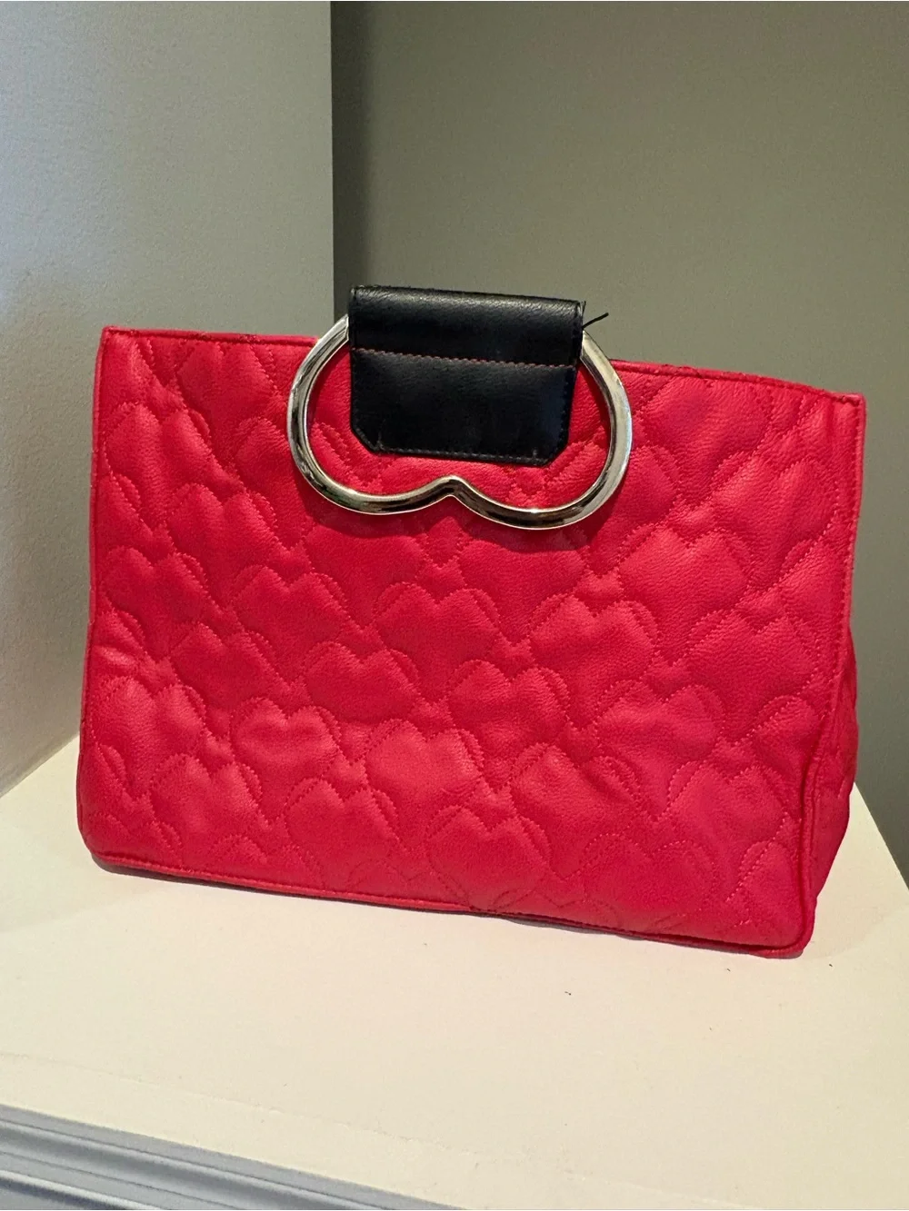 Betsey Johnson Red and Black Heart-Handle Quilted Tote